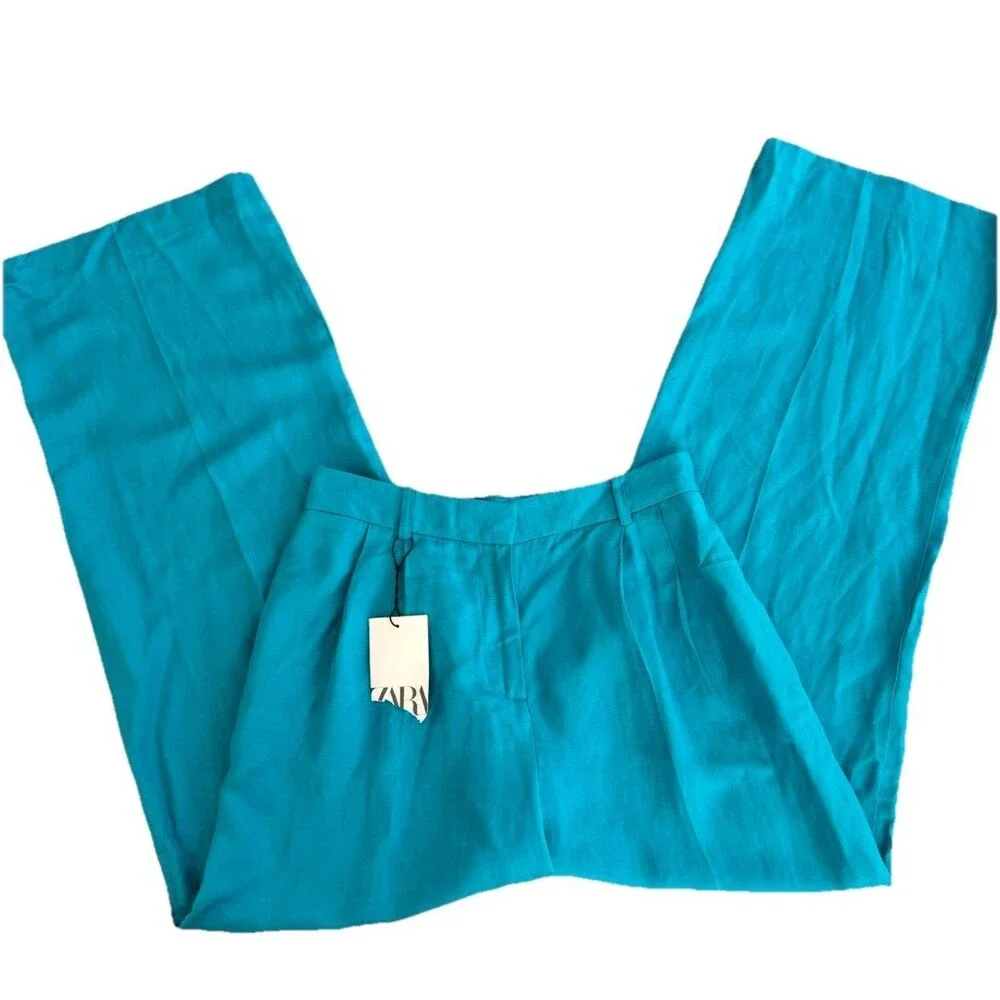 Zara Linen Blend High Rise Wide Leg Turquoise Blue Pants Women’s Small NWT